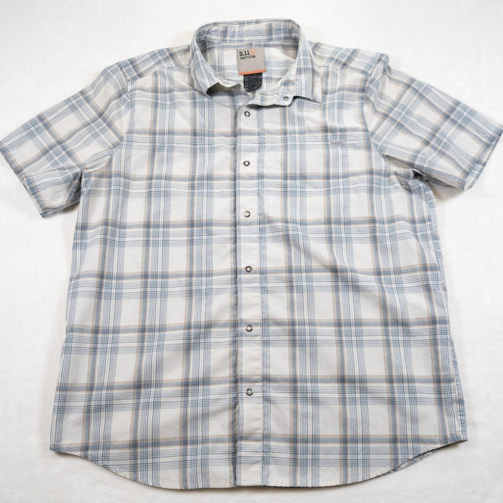 5.11 Tactical Plaid Shirt Mens M Snap Front Blue Tan Short Sleeve Button Up